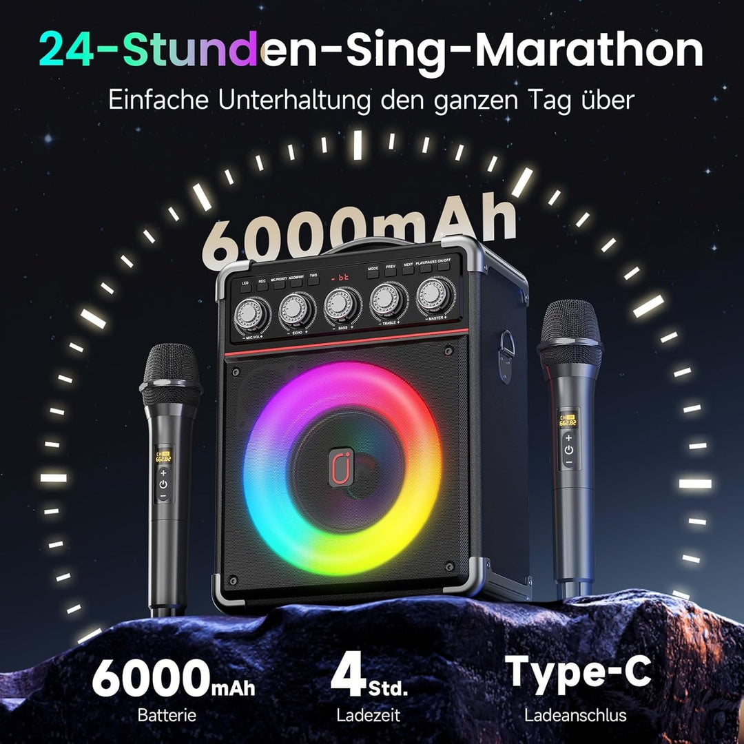 JYX Karaoke Maschine mit 2 drahtlosen Mikrofones, Tragbaren Karaoke Anlage Lautsprecher mit RGB-Lich