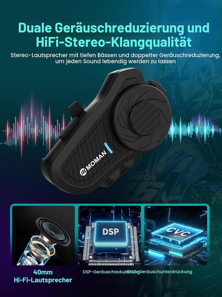 Moman Motorrad Intercom Headset, H2 Pro【2 Pack Carbonfaser】 Motorradhelm Gegensprechanlage Kommunika