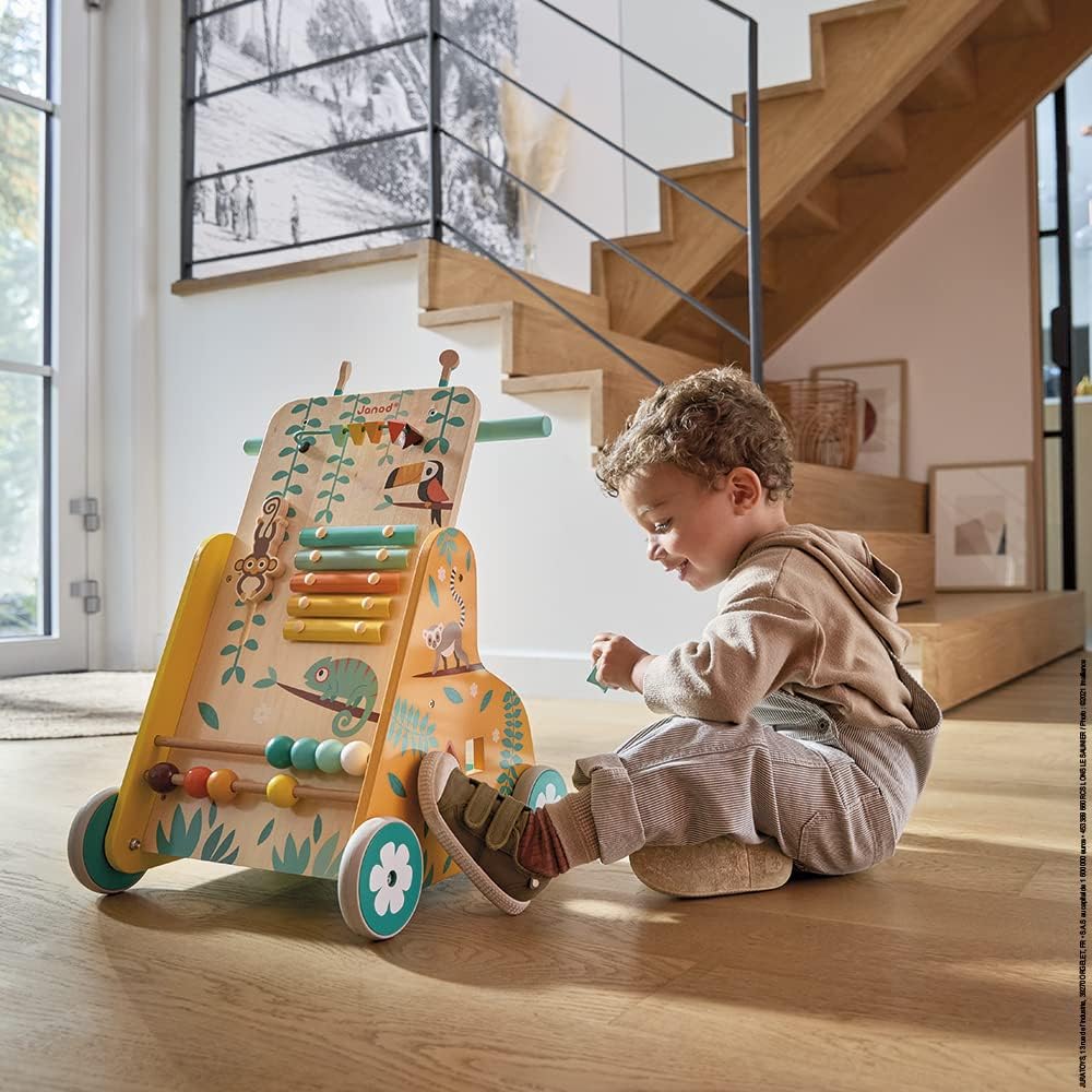 Janod - Multi-Aktivitätswagen Tropik - Laufwagen aus Holz - Lernspielzeug mit 6 Aktivitäten - Leise