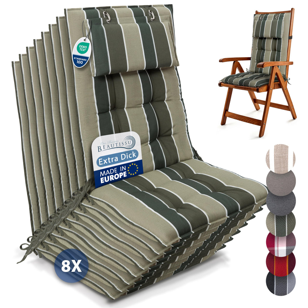 Beautissu 8er Set Premium Hochlehner Auflage mit Kopfpolster Stoff | 120x50cm 8cm dick Grün gestreif
