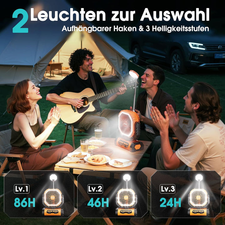 Camping Ventilator 20000mAh, Wiederaufladbarer Tischventilator USB Ventilator mit LED Licht &amp; Haken,