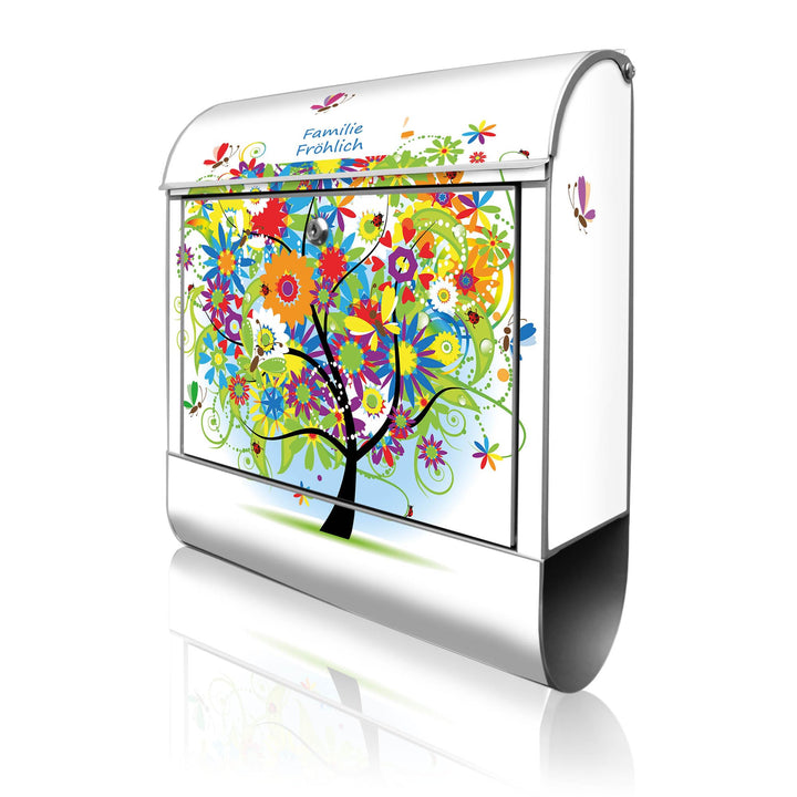 banjado® Design Briefkasten personalisiert Märchenzauberbaum 38,5x46,5x13cm & 2 Schlüssel - Briefkas