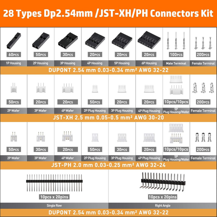 PEBA Crimpzange Stecker Set - 28 Stile JST-PH 2,0/JST-XH/Dupont 2,54mm Steckverbinder Kit mit Abisol