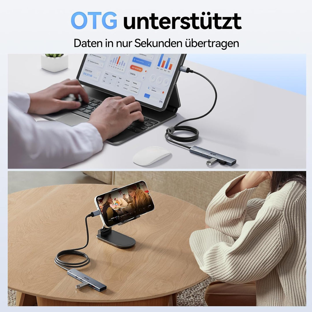 ICZI USB C Hub 4 Port 10Gbps Verteiler Multiport Adapter 120cm Kabel mit 2*USB C 3.2 und 2*USB A 3.2