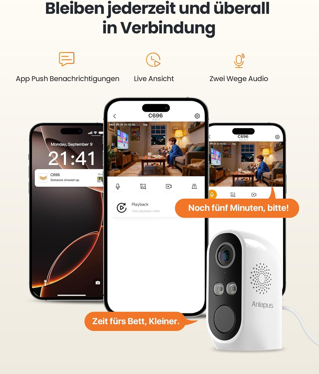 Anlapus 3MP 2K WLAN Überwachungskamera Aussen Innen, WiFi 6 & 2,4GHz, Person-/Fahrzeugerkennung, Far