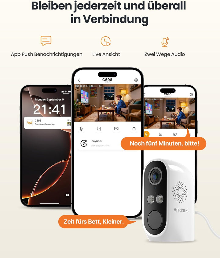 Anlapus 3MP 2K WLAN Überwachungskamera Aussen Innen, WiFi 6 & 2,4GHz, Person-/Fahrzeugerkennung, Far