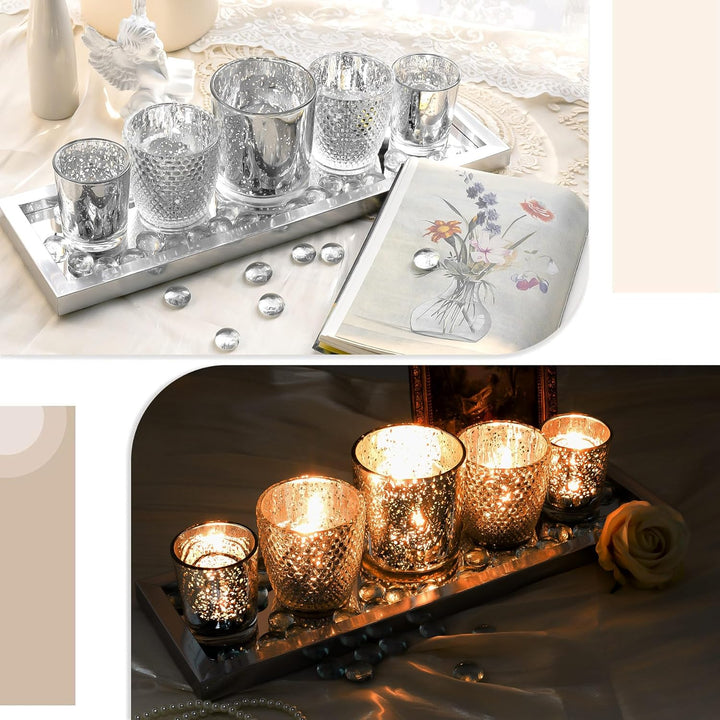Toptime Teelichthalter Set, 5 Stück Kerzenhalter Glas mit Tablett und Glasstein, Romantische Silbern