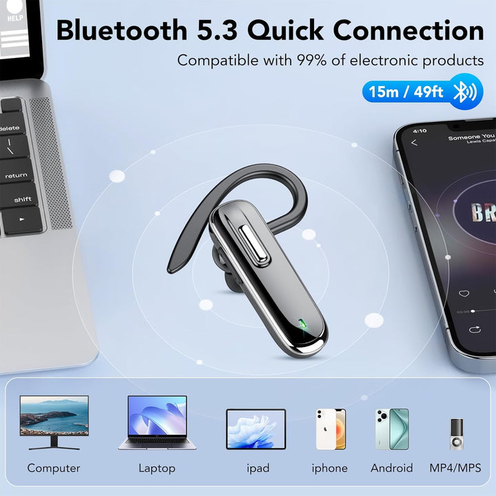 Bluetooth Headset,Wireless Freisprech Telefon mit Dual Mic 5.3 Freisprech-Bluetooth-Ohrhörer mit 25