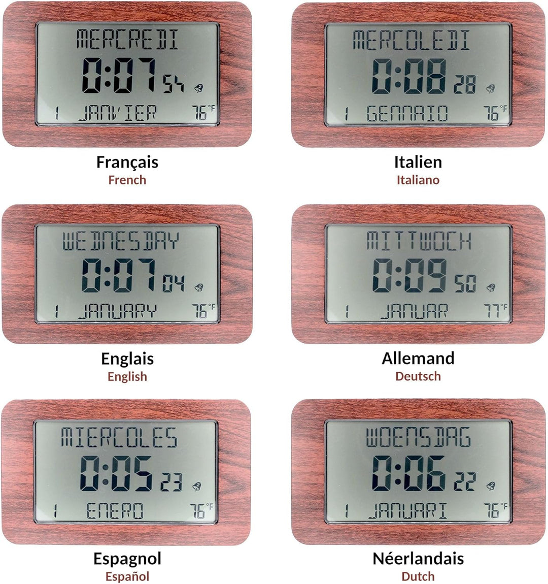 FISHTEC Funkuhr Wecker - Kalender mit Datum Tag und Uhrzeit - Grosse Anzeige - 2 Alarme - Temperatur