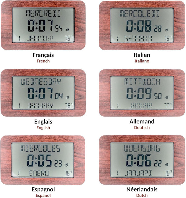 FISHTEC Funkuhr Wecker - Kalender mit Datum Tag und Uhrzeit - Grosse Anzeige - 2 Alarme - Temperatur