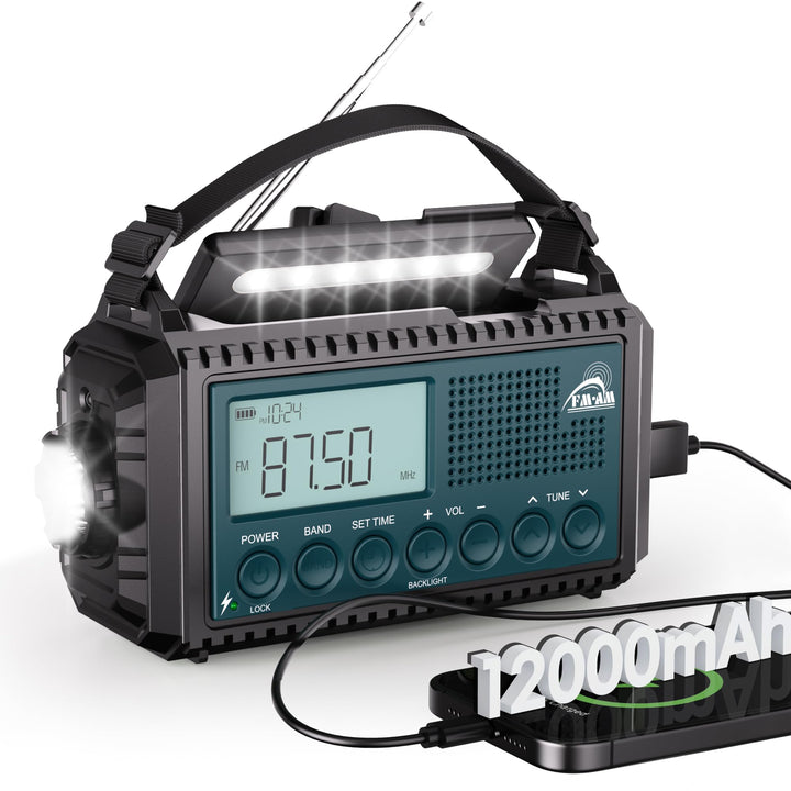 AM/FM/SW Kurbelradio mit 12000mAh Akku Wiederaufladbare, Tragbare Radio mit Taschenlampe &amp; Leselicht