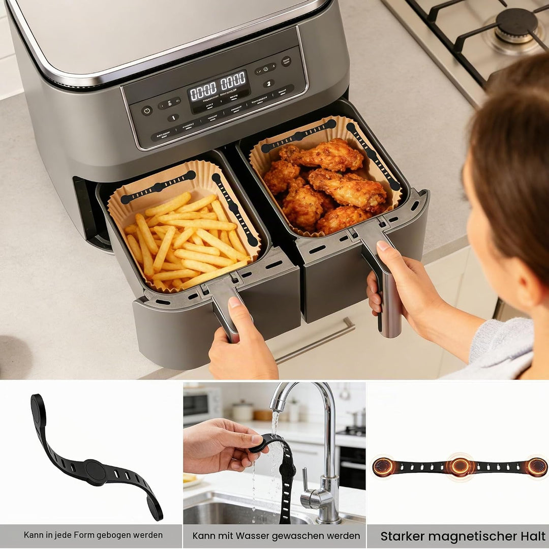 100 Stück Airfryer Backpapier+ 4 Stück Airfryer Silikon Magnete, THAKOI Heissluftfritteuse Zubehör N