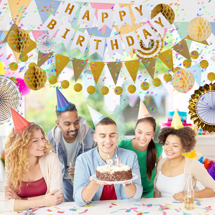 Meowoo Geburtstagsdeko, Weissgold Geburtstag Party Deko - Happy Birthday Girlande, Wimpelkette, Wabe