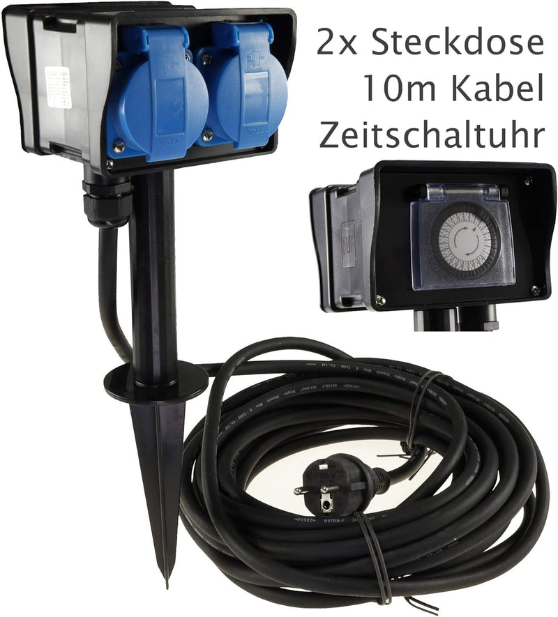 Chilitec Gartensteckdose – Aussensteckdose mit Zeitschaltuhr 10 m Kabel Erdspiess IP44 230 V Stromve