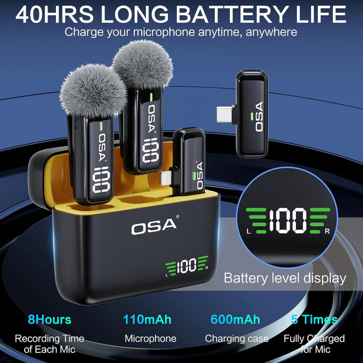OSA Lavalier Mikrofon für Telefon mit Ladehülle und Transmitter Digitalanzeige - 2er Set, für iPhone