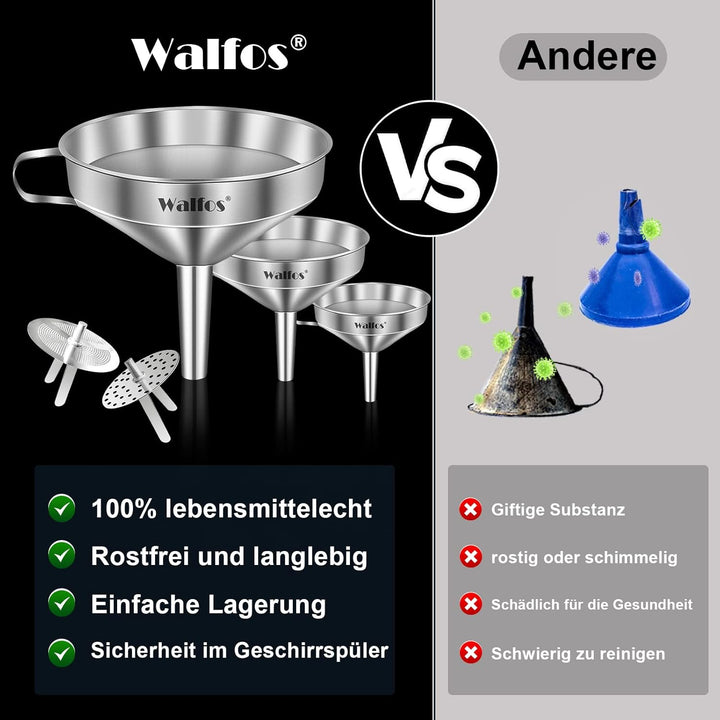 Walfos Trichter Set aus Edelstahl mit 2 abnehmbaren Siebfilter zum Übertragen Flüssigkeit, Speiseöle