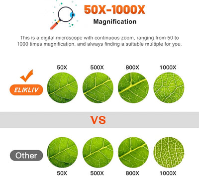 Elikliv Taschenmikroskop, LCD-Digitalmikroskop 1000x, Elektrische mikroskop mit 8 einstellbaren LED-