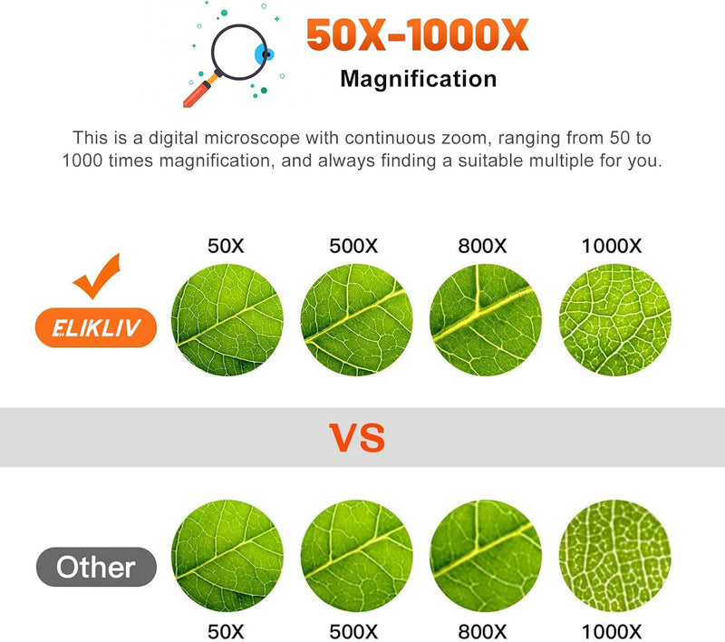 Elikliv Taschenmikroskop, LCD-Digitalmikroskop 1000x, Elektrische mikroskop mit 8 einstellbaren LED-