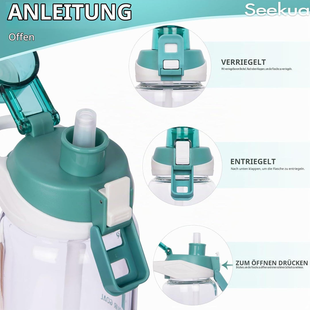 Seekua 0.6l Sport Trinkflasche Glas Flasche mit Strohhalm &amp; Zeitmarkierung für Kinder, Schule 600ml