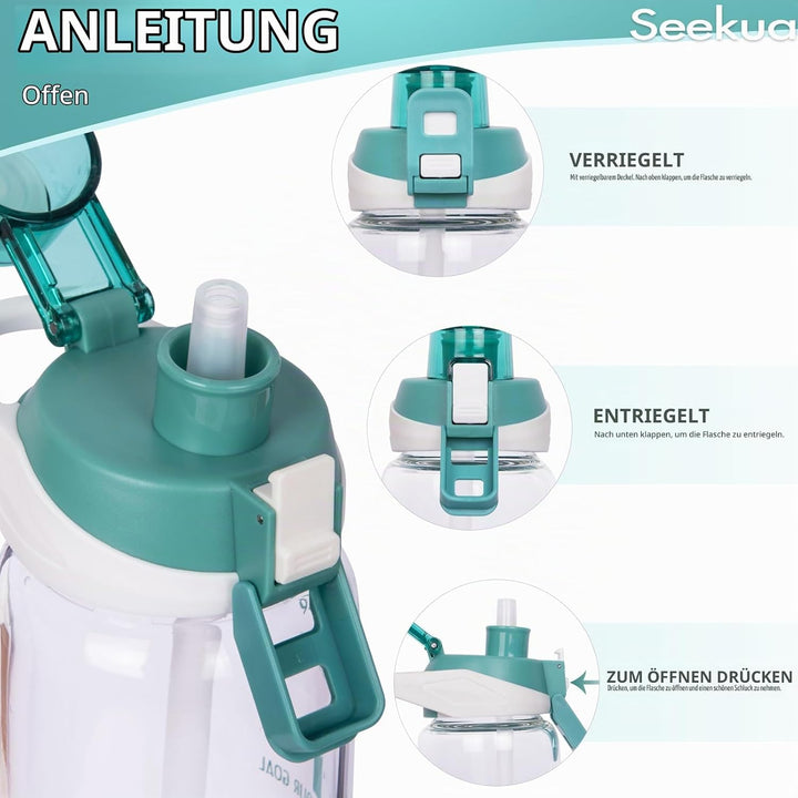 Seekua 0.6l Sport Trinkflasche Glas Flasche mit Strohhalm &amp; Zeitmarkierung für Kinder, Schule 600ml