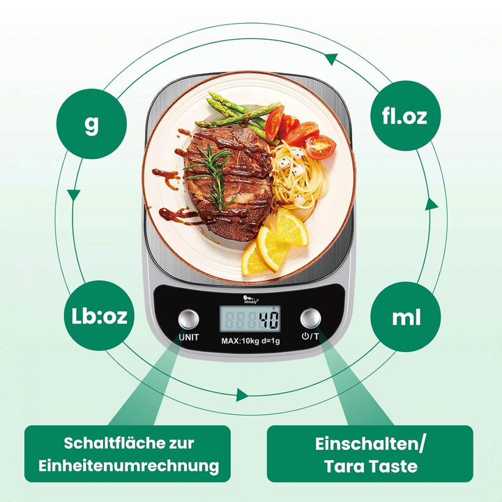 himaly Küchenwaage Digital 10KG aus Edelstahl Professionelle Waage, Tara-Funktion, aus Edelstahl mit