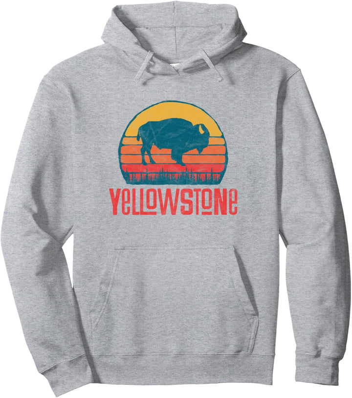 Vintage Yellowstone National Park Simple Bison Sun Graphic Pullover Hoodie