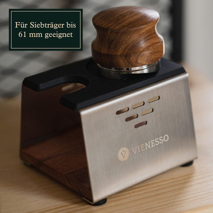 Tamperstation aus Edelstahl &amp; Holz bis 58mm – Rutschfeste Andrückstation für Siebträger | Barista Zu