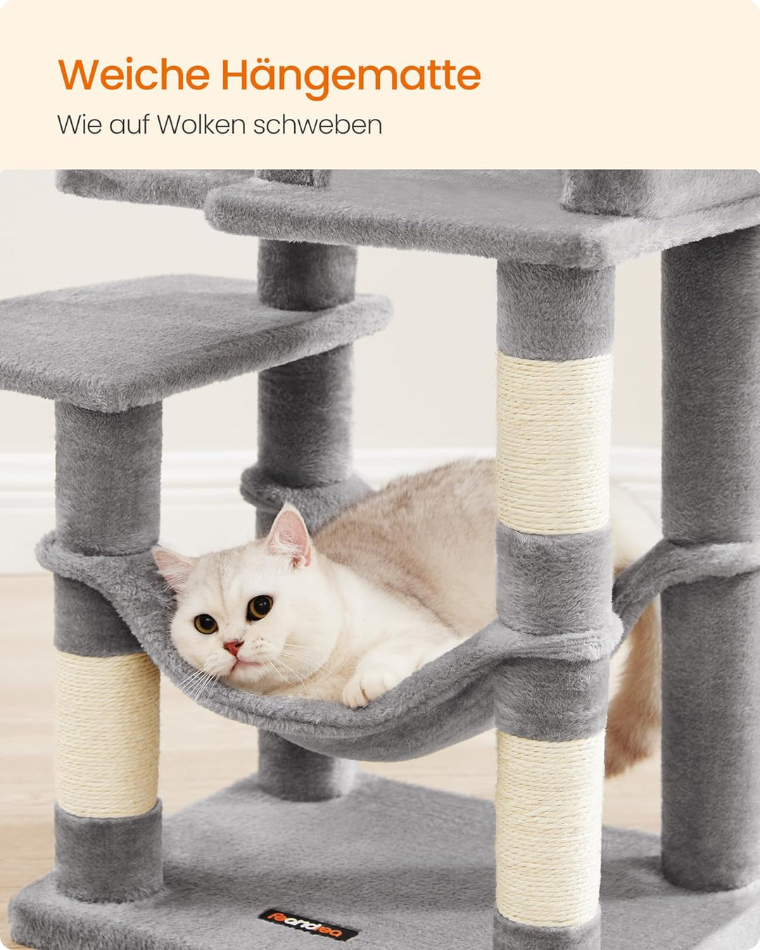 Feandrea Kratzbaum, 112 cm hoch, Katzenbaum, mehrstöckiges Katzenhaus, mit 4 Kratzsäulen, 2 Plattfor