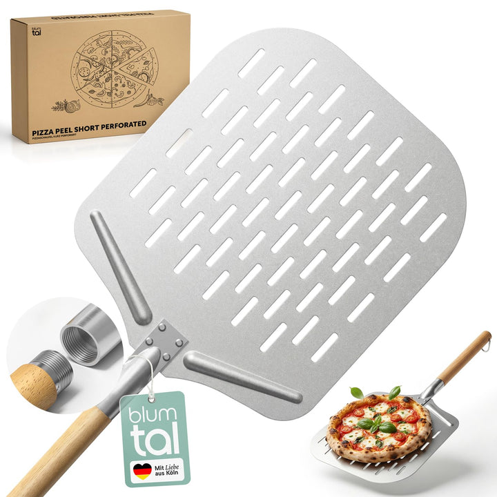 Blumtal Pizzaschieber perforiert 30,5x30,5 cm Fläche + Holzgriff 24,5 cm - Pizzaschaufel perforiert