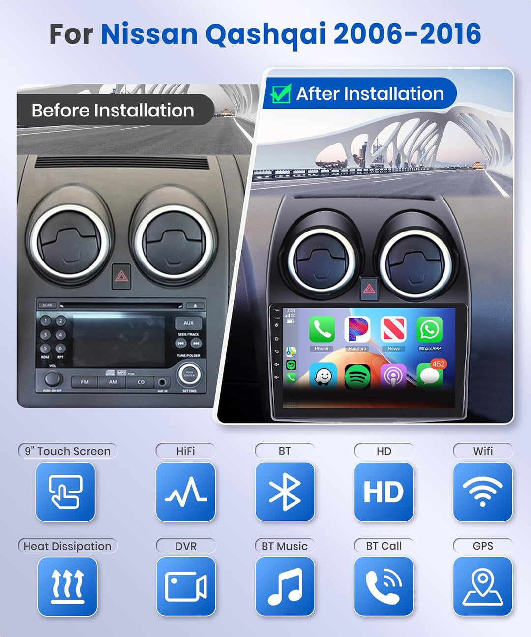 Podofo Autoradio Für Nissan Qashqai J10 2006-2016 Wireless Carplay HI-FI Bluetooth mit 9’’ Bildschir