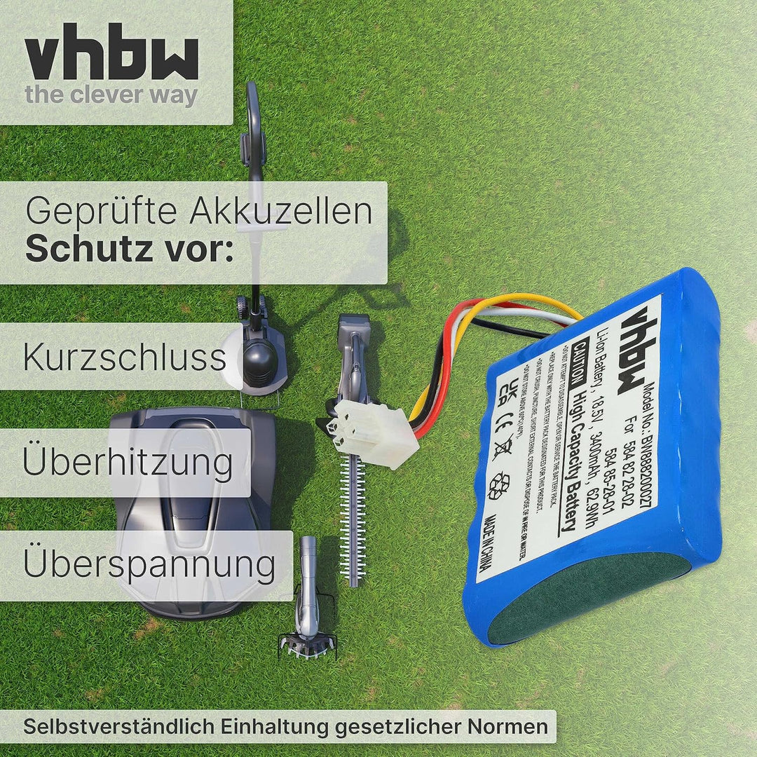 vhbw Li-Ion Akku 3400mAh (18.5V) kompatibel mit Husqvarna Automower 315X für Rasenroboter Rasenmäher