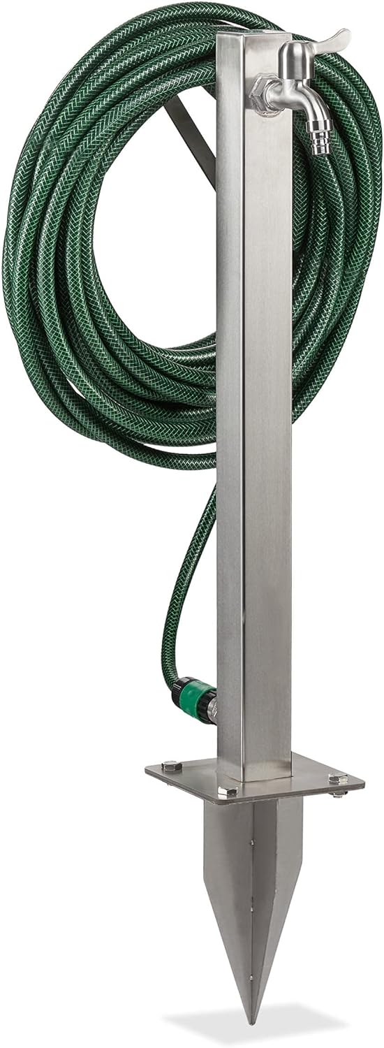Relaxdays Wasserzapfstelle, mit Erdspiess & Schlauchhalter, HBT 66x30x15 cm, Garten Wassersäule, eck