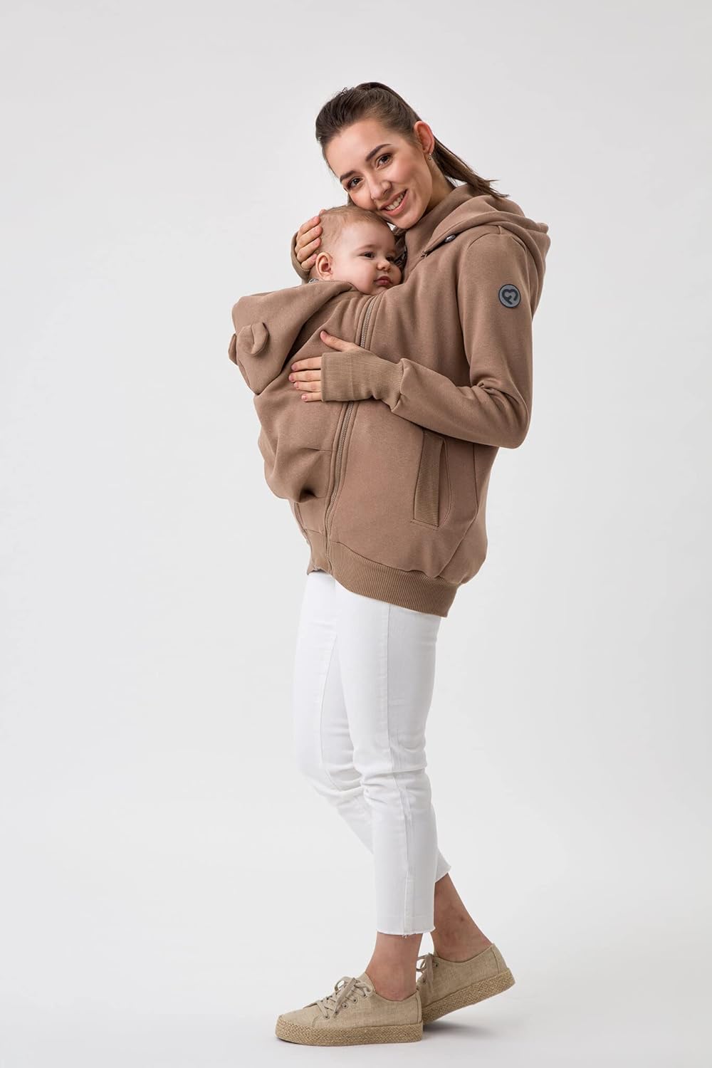 fun2bemum Pola 4in1 Baby Tragejacke für Mama Känguru Kapuze VORNE/HINTEN M Latte, M Latte