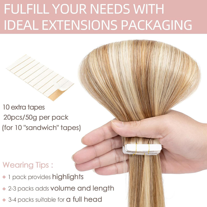 Silk-co Tape Extensions Echthaar 20stk, Haarverlängerung Tape in Extensions Echthaar, Remy Haarexten
