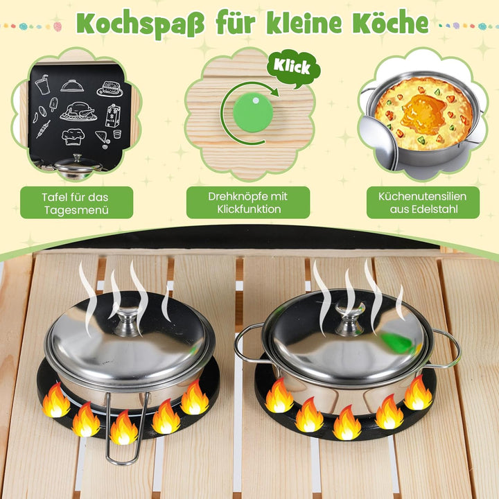 COSTWAY Matschküche Kinder, Outdoor Spielküche inkl. Zubehör mit Kreidetafel, Herd, Wasserhahn, Spül