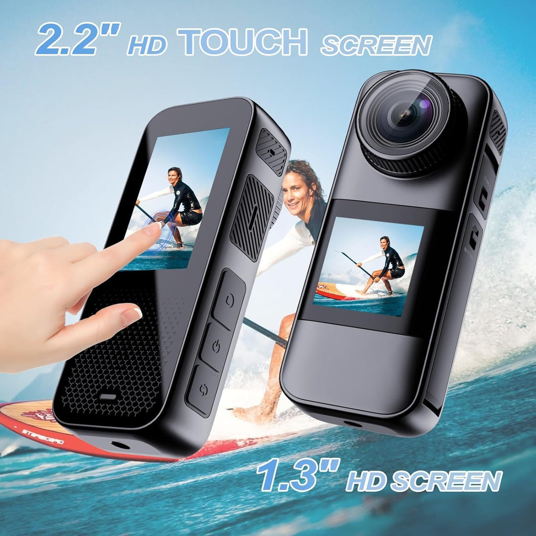 Xilecam Dual Screen Action Cam 4K 60FPS 2,2”-HD-Touchscreen, wasserdichte Kamera mit Antishake Helmk