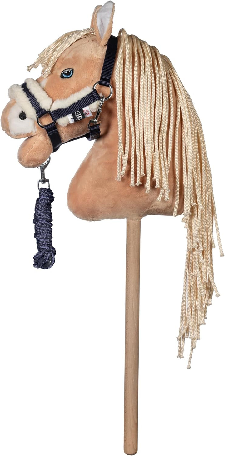HKM Kids Hobby Horse, Palomino, Beige, mit Halfter und Führstrick in Dunkelblau, Steckenpferd für Ki