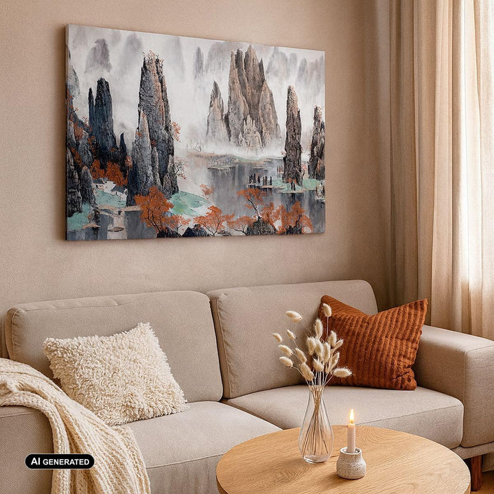 Bilder auf Leinwand 100x70cm Leinwandbild mit Rahmen Berge Märchen Nebel Gross Wanddeko Bild Schlafz