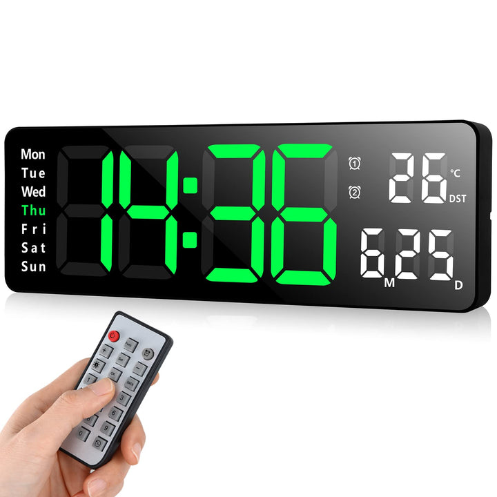 Fuloon Wanduhr Digital, LED Wanduhr mit 13-Zoll-Grossdisplay, Digital Wecker mit Fernbedienung, Timi