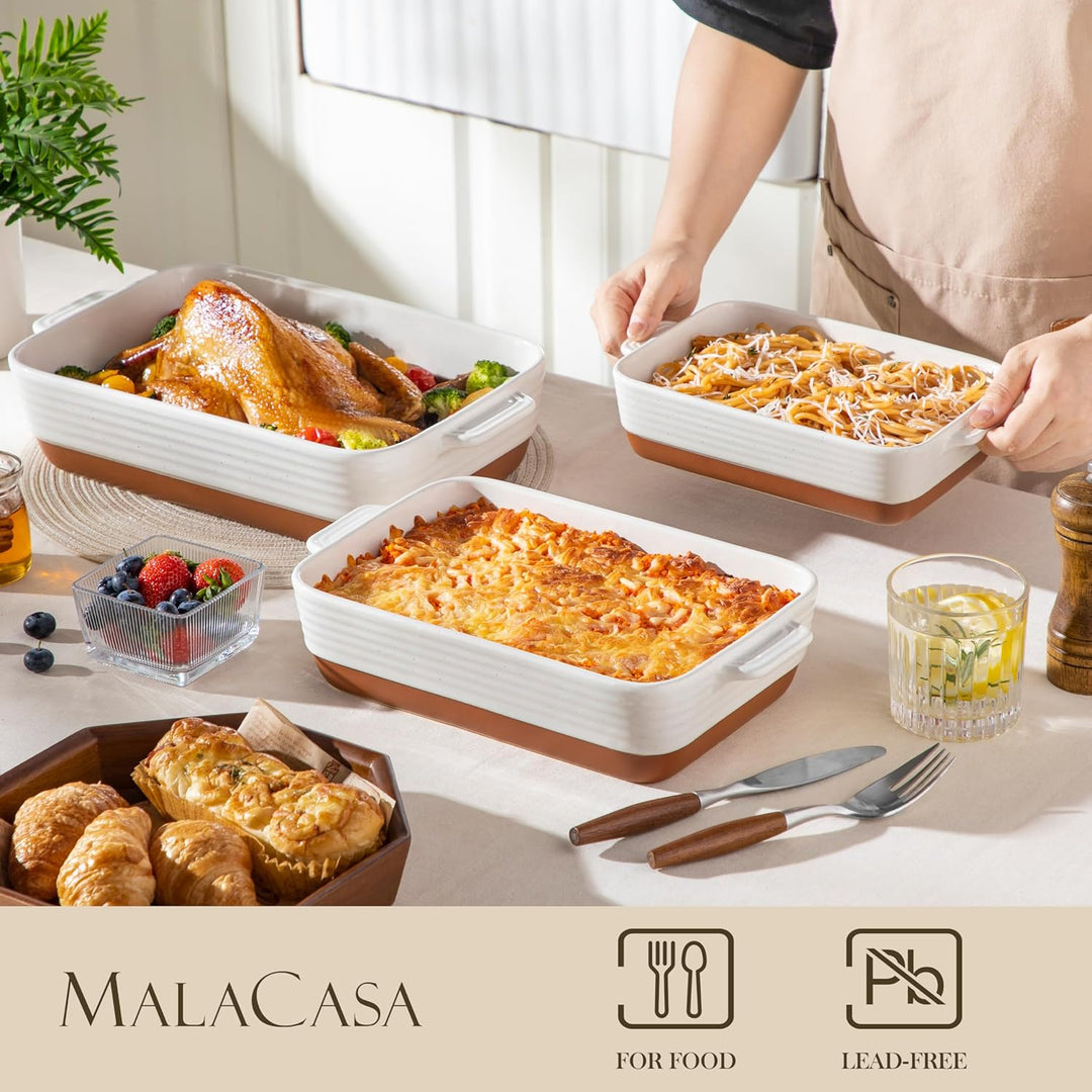 MALACASA, Serie TARA, Auflaufform Gross, 3er Set Lasagne Auflaufform aus Steingut & kratzfest | Back