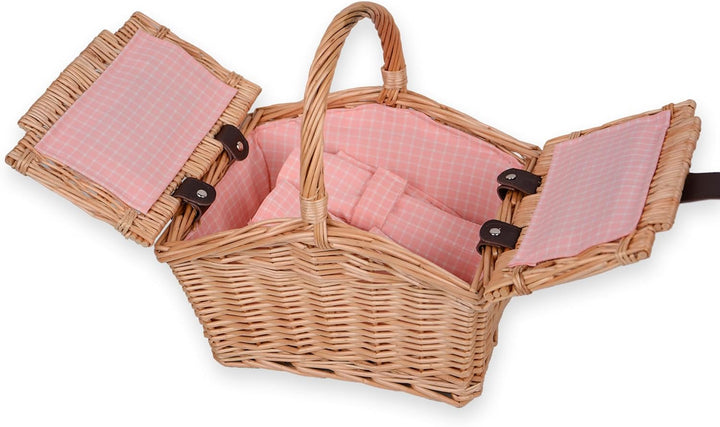 UNUS® Picknickkorb für Kinder rechteckig aus Weide mit Stoffauskleidung, Komplettset für 2 Personen