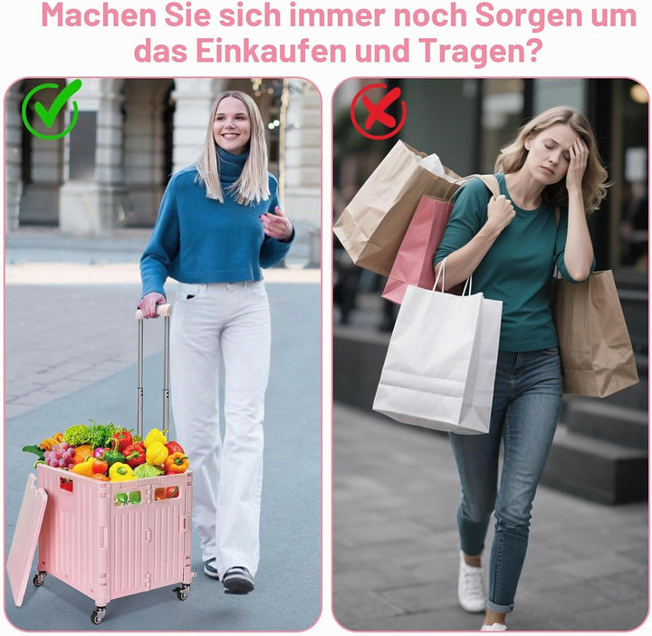 Einkaufstrolley Klappbar, Einkaufstrolley mit Deckel 65L bis 40KG, Kunststoff Einkaufswagen Klappbar
