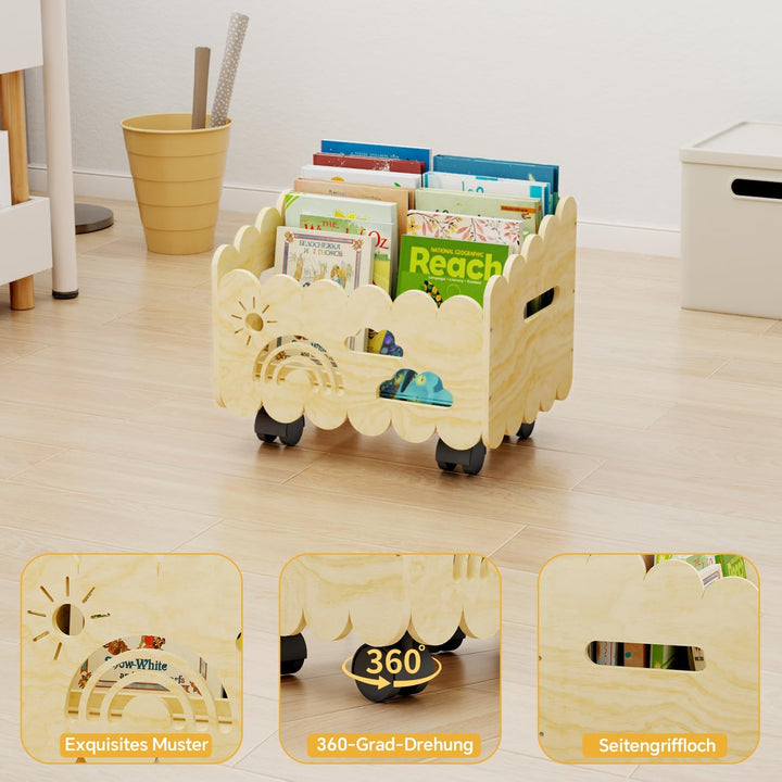 Kinder Bücherregal Holz mit Rollen, Montessori Bücherregal Kinder, Bücherkiste für Leseecke, Babyzim