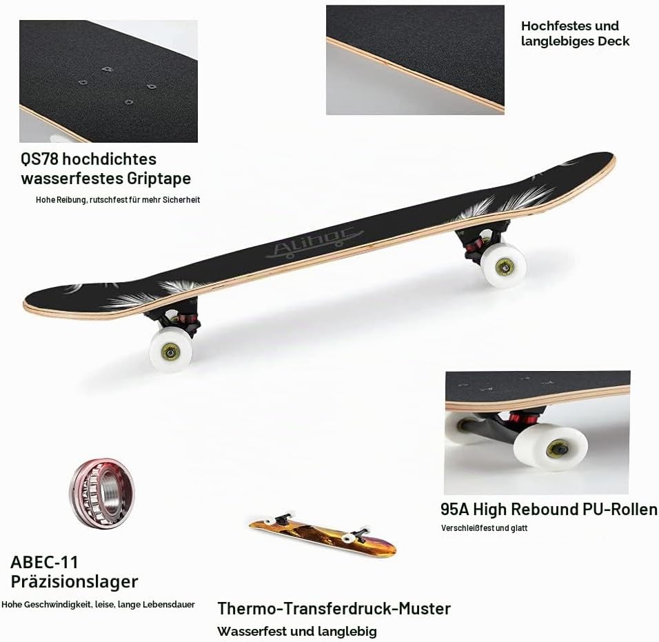 31-Zoll-Standard-Skateboard, 7 Lagen Ahorn-Board-Oberfläche, geeignet für Kinder, Jugendliche, Erwac