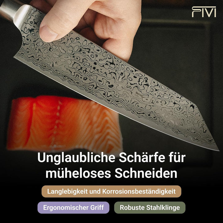 FIVI Damast Kiritsukemesser YUNO | Präzises Küchenmesser aus VG10 Damaszenerstahl (60 HRC) mit Rever