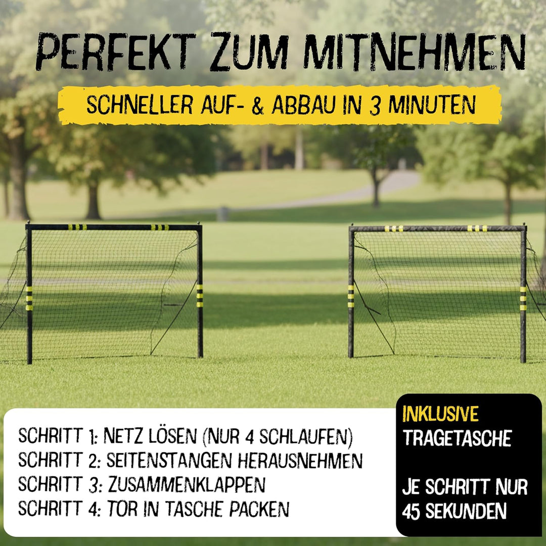 FRIEDO Pop-up Fussballtor Kinder inkl Tragetasche I 120x90cm-150x240cm I EN71 & CE-geprüft I Rostfre