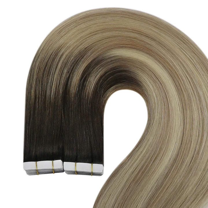 YoungSee Tape Extensions Echthaar Balayage 40 cm Extensions Echthaar Tape Dunkelbraun Ombre Braun Bl