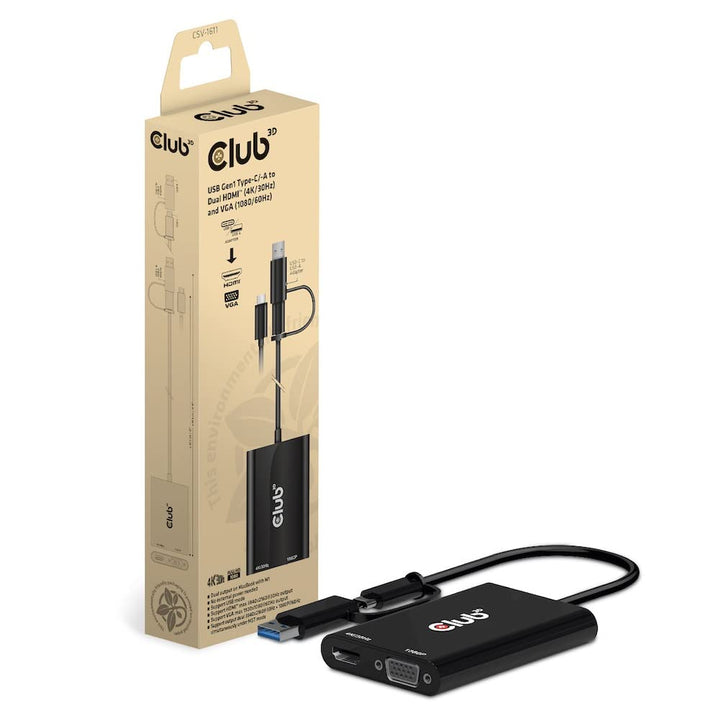 Club 3D Adapter USB Gen1 Type-C/-A auf Dual HDMI™(4K/30Hz) / VGA (1080/60Hz)