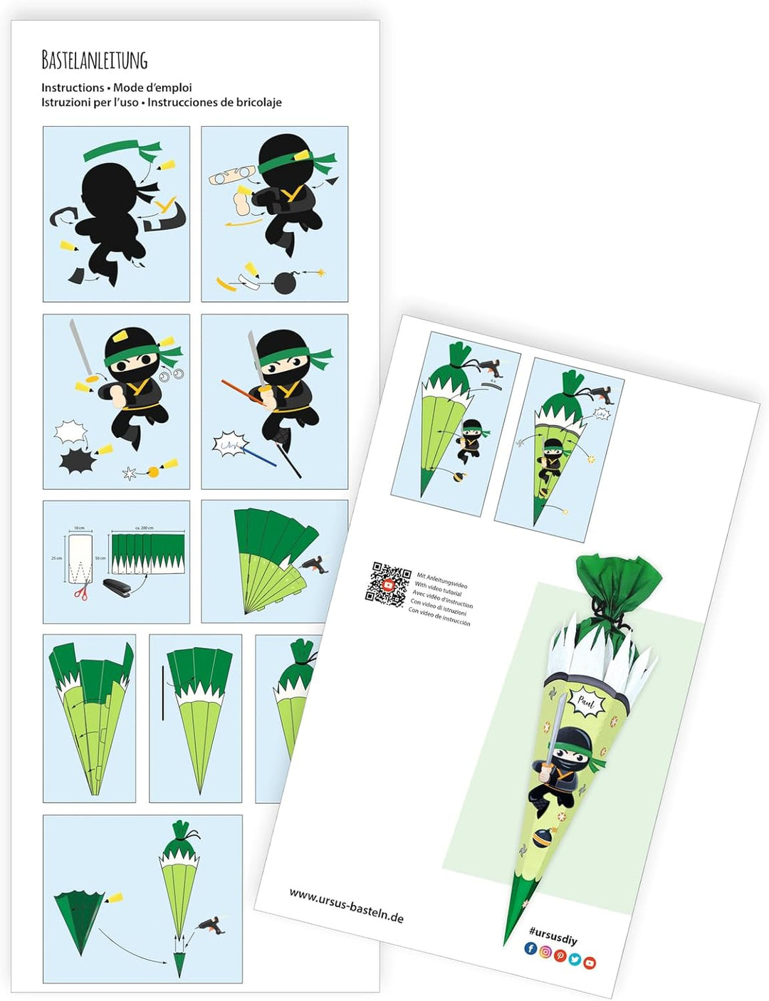 Ursus 9910002 - Schultüten-Bastelset "Ninja", aus 3D-Colorwellpappe 260 g/m², Set zum Basteln einer