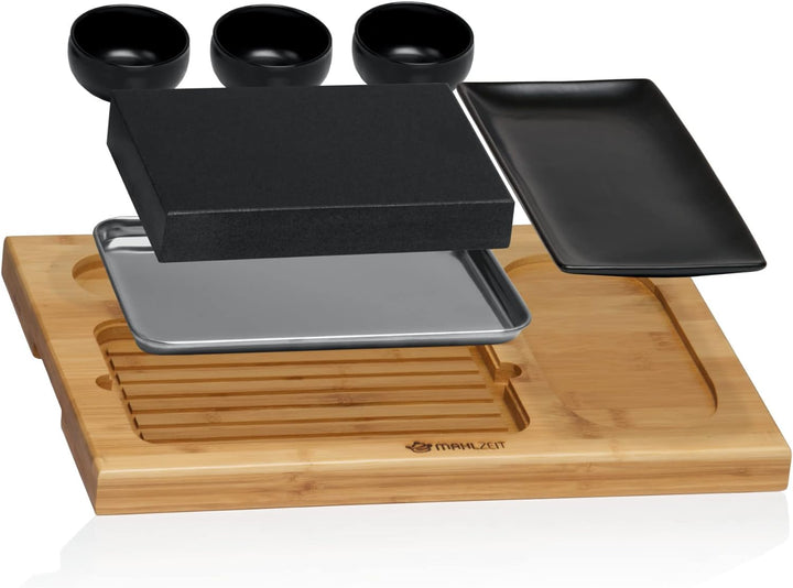 Mahlzeit Lavastein Set (7-teilig) | Set mit heissem Stein, Teller und Dipschalen auf praktischem Hol